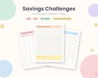 Savings Challenge Printable Bundle, 52 Week Challenge, 100 Envelope Challenge, No Spend, 1000 Savings Tracker, A4 A5 Letter