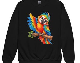 Felpa girocollo colorata con pappagallo per ragazzi, con motivo uccello tropicale.