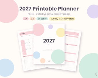 2027 Pastel Planner, Dated Weekly & Monthly Agenda, Habit Tracker (Digital Download)