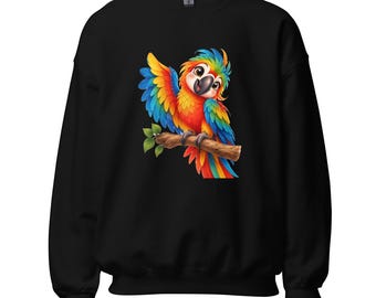 Felpa colorata con ara, regalo per gli amanti dei pappagalli tropicali, girocollo unisex con uccelli