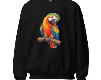 Felpa colorata con ara, regalo a tema pappagallo tropicale, girocollo unisex per amanti degli uccelli