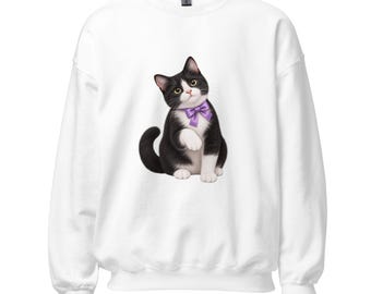 Felpa per amanti dei gatti, con motivo a gatto e fiocco floreale, girocollo unisex.