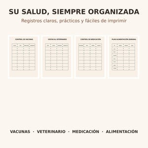 May include: A digital health tracking template featuring four distinct charts titled Control de Vacunas, Visitas al Veterinario, Control de Medicaci&oacute;n, and Plan Alimentaci&oacute;n Semanal. The text reads SU SALUD, SIEMPRE ORGANIZADA, Registros claros, pr&aacute;cticos y f&aacute;ciles de imprimir.