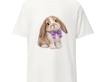 Maglietta con coniglietto dalle orecchie pendenti, regalo per gli amanti dei conigli con fiocco viola, maglietta unisex in cotone