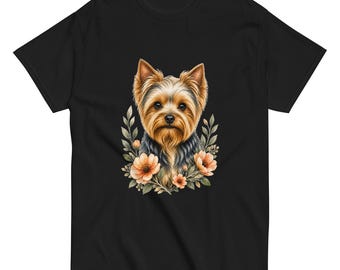 Yorkie T-Shirt, Floral Yorkshire Terrier Portrait, Gift for Yorkie Lovers