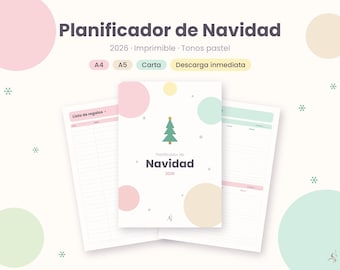 Planificador de Navidad 2026 Imprimible, Lista de Regalos, Presupuesto y Menú de Navidad, Pastel, A4 A5 Carta, PDF