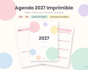 Agenda 2027 Imprimible, Planificador Semanal y Mensual Pastel, A4 A5 Carta, Agenda con Fechas, Objetivos y Hábitos, PDF