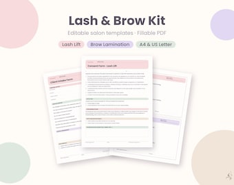 Einverständniserklärung für Wimpernlifting, Einverständniserklärung für Augenbrauenlaminierung, Kundenaufnahmebogen, Pflegehinweise, Preisliste, ausfüllbares PDF-Salon-Kit