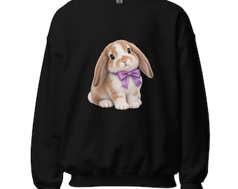 Felpa con coniglietto dalle orecchie pendenti, fiocco viola, girocollo unisex