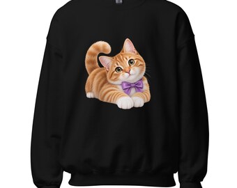 Felpa con gatto soriano arancione, papillon viola, girocollo unisex