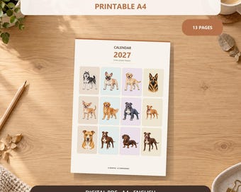 Calendario per cani stampabile 2027, formato A4, PDF digitale, inizio lunedì