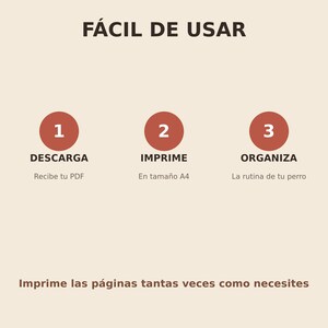 May include: A digital instruction graphic with the text F&Aacute;CIL DE USAR. It features three numbered red circles with the text DESCARGA, IMPRIME, and ORGANIZA, followed by subtext and the phrase Imprime las p&aacute;ginas tantas veces como necesites.