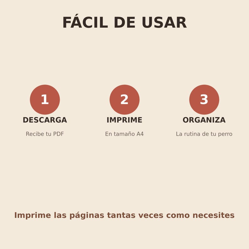 May include: A digital instruction graphic with the text F&Aacute;CIL DE USAR. It features three numbered red circles with the text DESCARGA, IMPRIME, and ORGANIZA, followed by subtext and the phrase Imprime las p&aacute;ginas tantas veces como necesites.