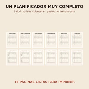 May include: A printable pet planner featuring twelve distinct tracking charts for health, routines, wellness, expenses, and training. The text reads UN PLANIFICADOR MUY COMPLETO, Salud, rutinas, bienestar, gastos, entrenamiento, and 15 P&Aacute;GINAS LISTAS PARA IMPRIMIR.