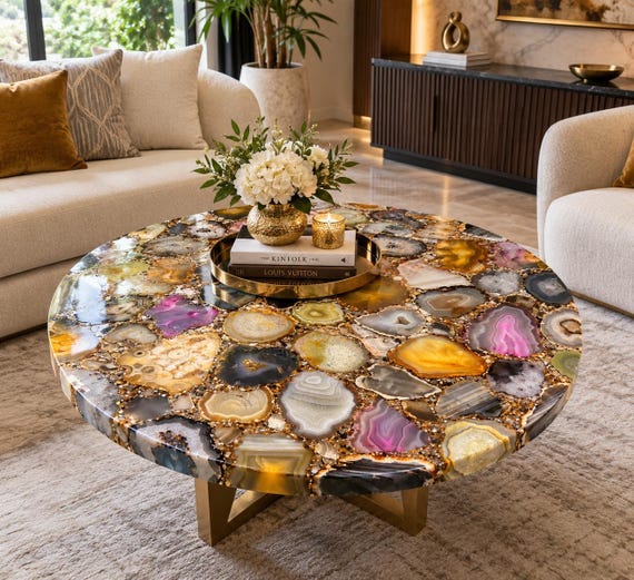 Round Multi Agate Coffee Table Top | Natural Stone Gemstone Living Room Decor