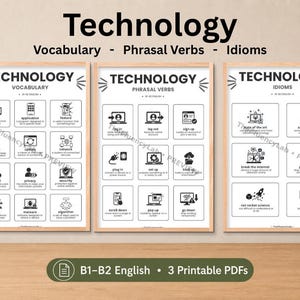 May include: Three educational posters titled Technology, Vocabulary, Phrasal Verbs, and Idioms, featuring black and white icons and text definitions. The posters are framed in light wood and displayed on a desk with a plant and a book.