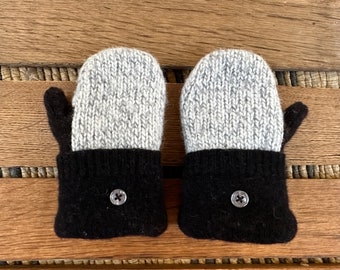 Baby Mittens! Fleece Lined Wool Sweater Mittens for Kids Girls Age 0-3 - Recycled Reclaimed Fabric - Upcycled - Black White Gray