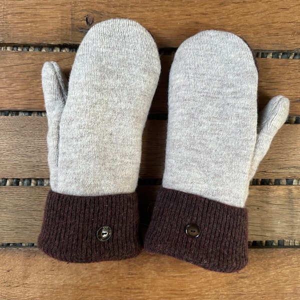 Warm & Soft! Dark Brown Tan Two Tone Upcycled Wool Sweater Mittens! Women's - Fleece Lined - Repurposed! Eco Fashion