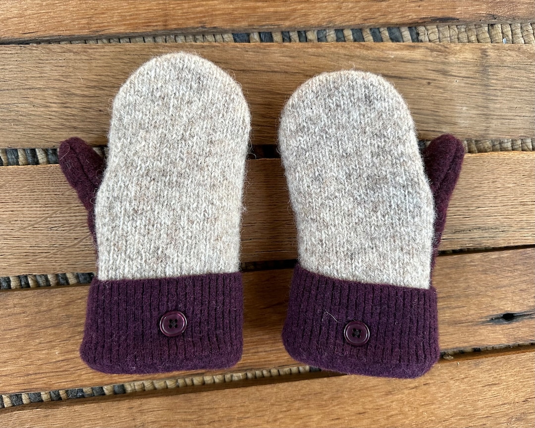 Childrens Wool Mittens Upcycled Sweater Mittens Beige Burgundy Brown