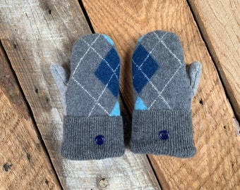 Children’s Sweater Mittens! Upcycled! Gray Blue Argyle Kids Wool Mittens - Fleece-Lined - Child Age 4-8 - Recycled Repurposed