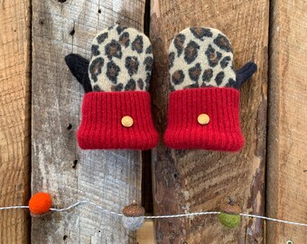 Baby Mittens! Fleece Lined Wool Sweater Mittens for Girls Kids Age 0-3 - Recycled Reclaimed Fabric - Upcycled - Black Brown Red Cheetah