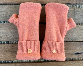 Upcycled Wool Fingerless Sweater Mittens - Cozy Orange - Women's Fleece Lined Gloves - Repurposed, Eco Fashion