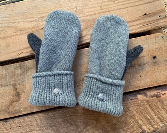 Warm & Cozy Dark Light Heather Gray Two-Tone - Winter - Upcycled Wool Sweater Mittens! Women's - Fleece Lined - Repurposed! Eco Fashion