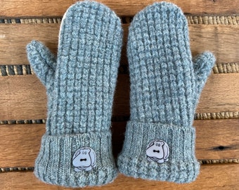 Wool Sweater Mittens - Upcycled, Cozy Warm! Light Blue-Gray & Cream - Fleece Lined - Repurposed! Eco Fashion - Hippo Buttons