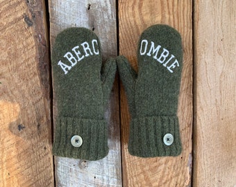 Upcycled Green Wool Sweater Mittens! Abercrombie Sweater 90s Vintage - Fleece Lined - Repurposed!