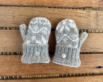 Baby Mittens - Upcycled Sweater Mittens - Gray Pattern Wool Sweater Mittens! Fleece Lined - Repurposed! Eco Fashion - Age 0-3