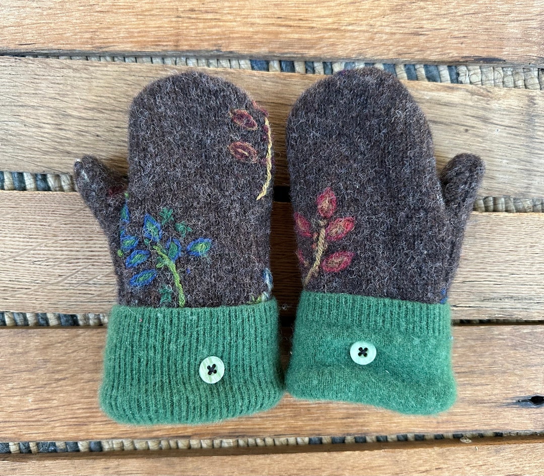 Childrens Wool Mittens Upcycled Sweater Mittens Brown Green Kids Fleece