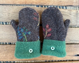 Children’s Wool Mittens! Upcycled Sweater Mittens - Brown Green Kids Fleece-Lined Gloves - Child Age 4-8 - Recycled Repurposed