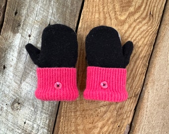 Baby Mittens! Fleece Lined Wool Sweater Mittens for Kids Girls Age 0-3 - Recycled Reclaimed Fabric - Upcycled - Black Pink Gray