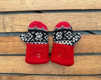Luvas de lã para bebês! Luvas de lã pretas, vermelhas e brancas - Forradas com lã - Criança/Bebê de 0 a 3 anos - Reciclado - Recuperado - Reciclado