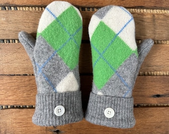 Wool Mittens - Warm Soft! Bright Green Gray Argyle Upcycled Sweater Mittens! Fleece Lined - Repurposed! Eco Fashion