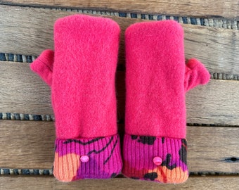 Fingerless Mittens - Upcycled! Bright Pink Cozy & Warm Wool Sweater Mittens! Women's - Fleece Lined - Repurposed! Eco Fashion