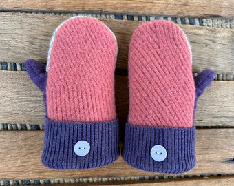 Children’s Sweater Mittens! Upcycled! Salmon Orange Purple Cream Wool Mittens - Fleece-Lined - Child Age 4-8 - Recycled Repurposed