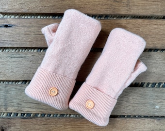 Upcycled Wool Fingerless Sweater Mittens - Cozy Light Peach Orange - Women's Fleece Lined Gloves - Repurposed, Eco Fashion