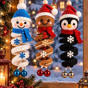 Op de afbeelding: Drie hangende gehaakte ornamenten in de vorm van een sneeuwpop, een peperkoekmannetje en een pinguïn. Elke figuur heeft een spiraalvormig lichaam, een kerstmuts, een sjaal en twee belletjes aan de onderkant. De sneeuwpop is wit en blauw, de peperkoek is bruin en de pinguïn is zwart en wit.