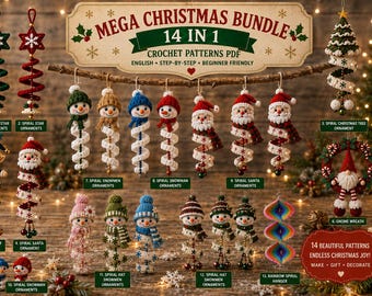 14 Christmas Crochet Patterns Bundle, Crochet Christmas Ornament Patterns, Spiral Ornament Pattern, Santa, Snowman, Angel, Gnome