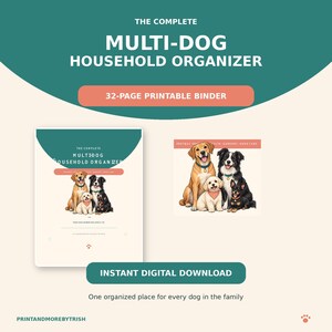 以下が含まれることがあります： 32ページの印刷可能なバインダー「The Complete Multi-Dog Household Organizer」。表紙には、さまざまな犬種やサイズの4匹の犬のイラストが描かれています。テキストには、健康、調和、家庭でのケアに関するセクションが含まれています。