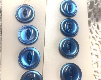 3/4" Set of 8 Royal Blue Pearlescent Vintage Buttons ~ 2-Hole Sew Through Cat Eye Centers - Luckyday Cards