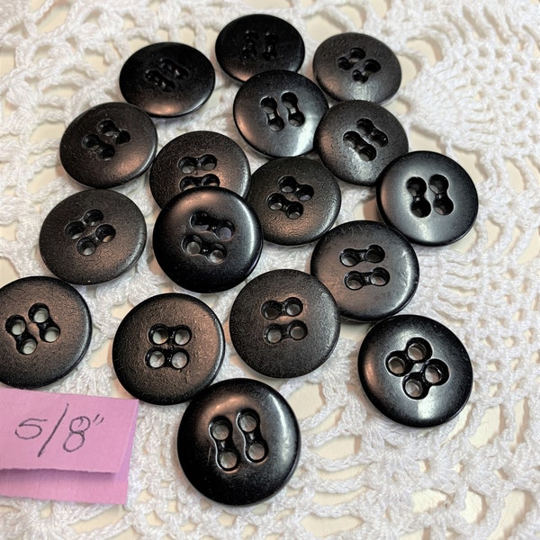 Set of 17 ~ 5/8" Black Trouser Vintage Buttons ~ 4-Hole Sew-Throughs