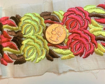 Beautiful Czech Cabbage Rose Vintage Trim, Satin Stitched ~ 2 Widths/Lengths ~ Coral, Brown & Lime Green Colors