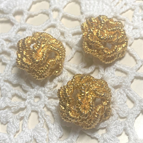 3/4" Bright Brass Tone Yellow Alloy Metal Vintage Buttons ~ Set of 3 ~ Twisted Coil Design