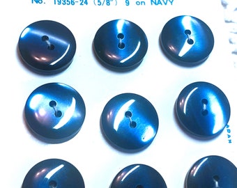 5/8" Set of 9 Navy Blue Pearlescent Vintage Buttons ~ 2-Hole Sew Through