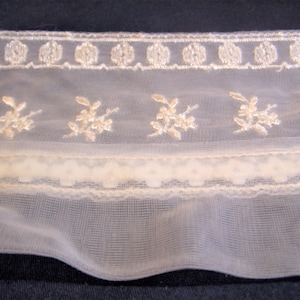 1-1/8 yds of 3.75&quot; Wide Sheer Flat Embroidered Fancy Vintage Lace Trim ~ Off-White Floral Design #24