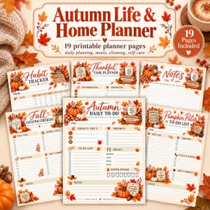 Peut inclure: Un ensemble de 19 pages de planification imprimables intitulées Autumn Life & Home Planner. Les pages présentent des illustrations sur le thème de l'automne avec des citrouilles, des feuilles mortes et des tasses. Les sections incluent le suivi des habitudes, le planificateur de tâches, les notes, la liste de nettoyage, la liste de tâches quotidiennes et la liste de tâches du potiron.