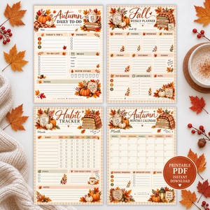 May include: Four printable planner pages featuring autumn themes with pumpkins, fall leaves, and mugs. The sheets include an Autumn Daily To-Do list, a Fall Weekly Planner, a Habit Tracker, and an Autumn Monthly Calendar with grid layouts.