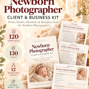 Può includere: Un kit digitale per fotografi di neonati con 120 modelli, 130 pagine e 12 fasi di lavoro. Il kit include una guida principale, una lista di controllo per la sicurezza, una guida alla consegna della galleria e un pianificatore di sessioni in Word e PDF.